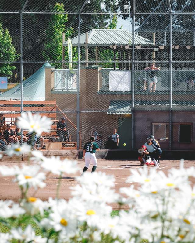 Softball player gets ready to hit the ball.