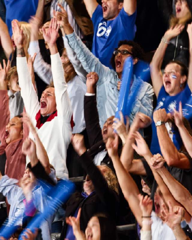 Excited crowd at a sporting event are standing to cheer.