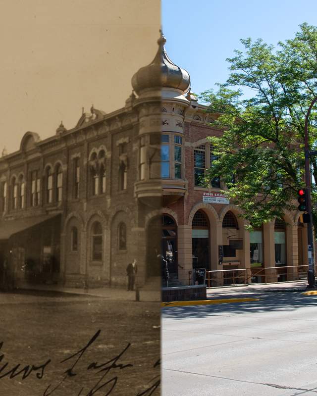 A split-view photo of the Buell Building in downtown Rapid City. The left third of the photo shows a yellowed historic photo of the building circa 1920s, while the right two thirds is a modern day view, complete with street lights, cars parked along the street, and mature green trees.