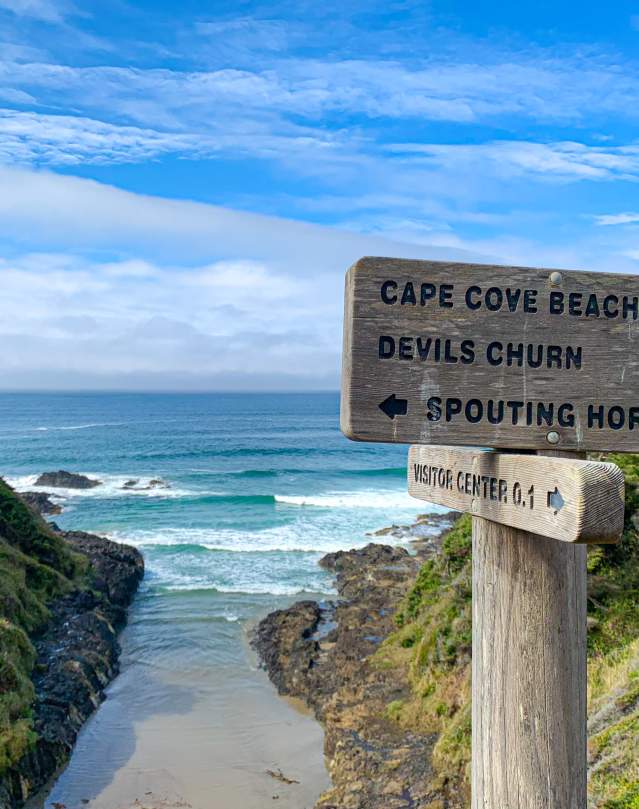 A wooden sign points to different coastal attractions. In the background is a small beach and blue skies.