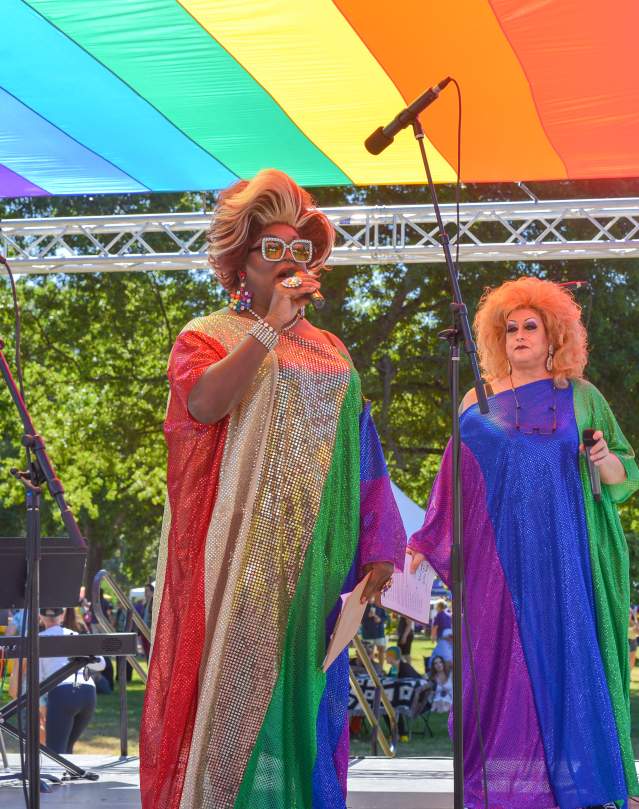 Eugene Pride Festival stage featuring drag queen hosts