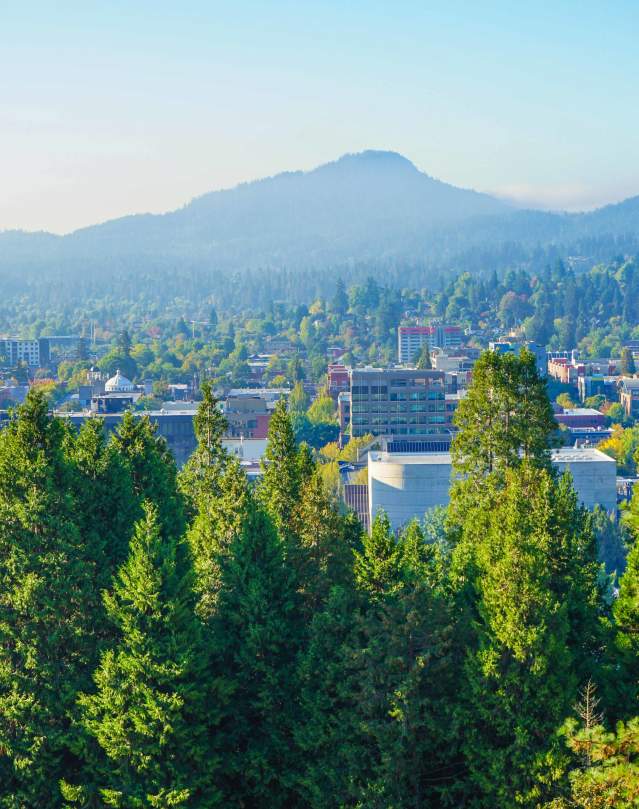 A viewpoint overlooking the city of Eugene shows trees in the foreground, then buildings and streets with a mountain butte in the background.