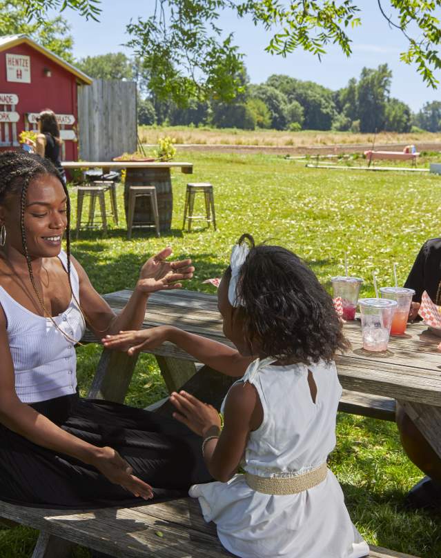 A family sits at a picnic table on a farm with food. In the foreground is a woman and a child playing patty-cake. There is a turkey and a barn in the background.