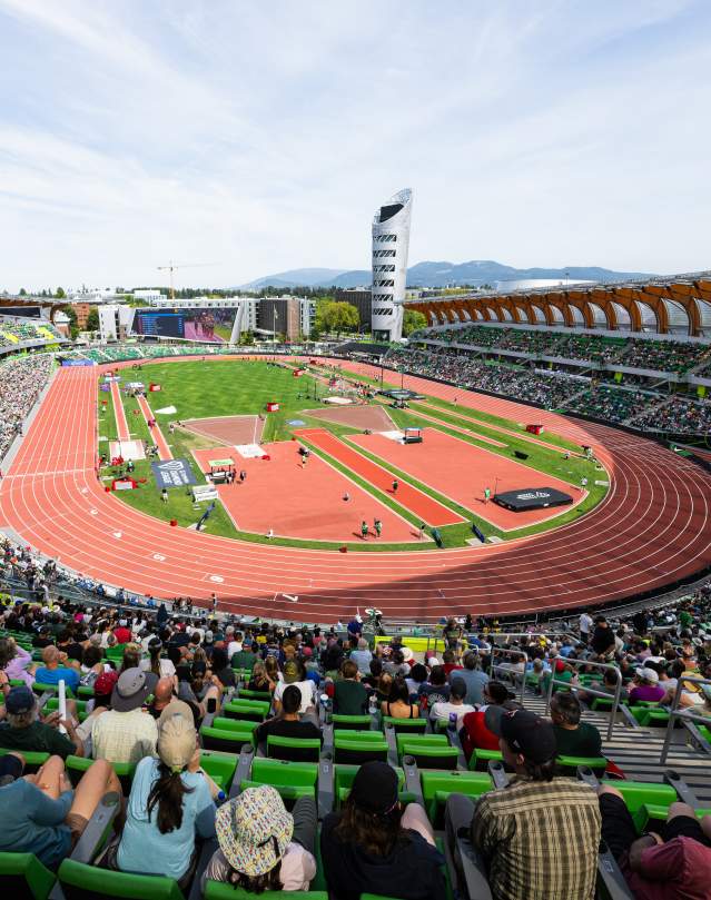 View of Hayward Field from the stands looking across the track to the tower.
