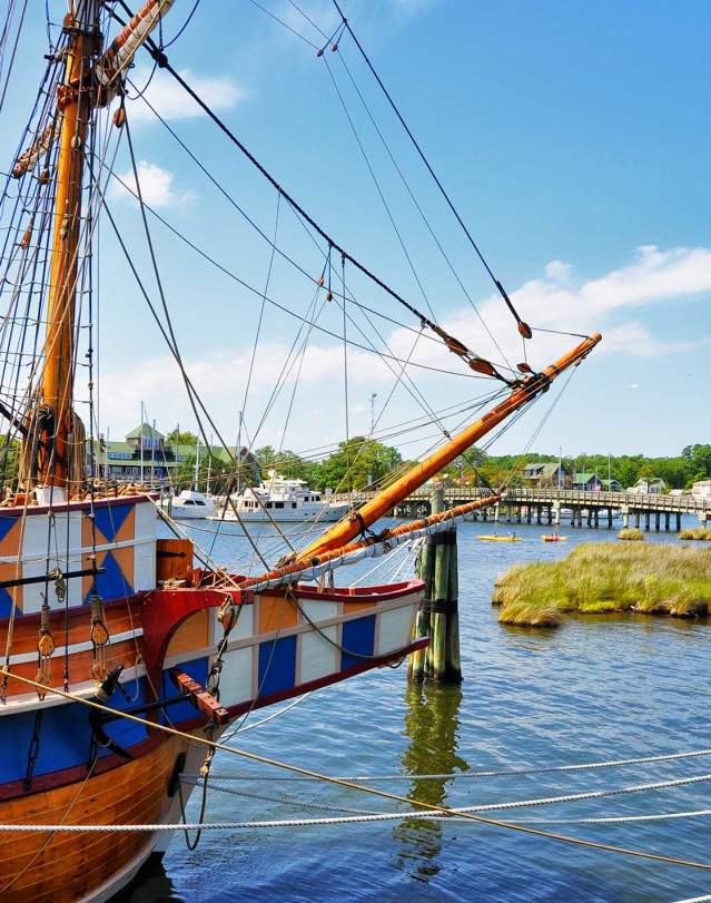 The Elizabeth II is a replica ship docked in Shallowbag Bay on Roanoke Island, North Carolina.