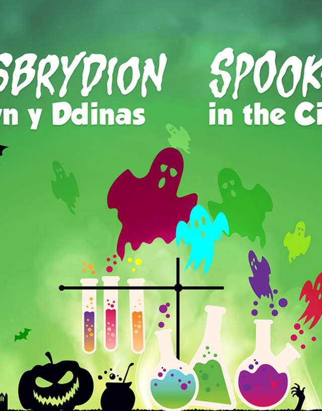 Illustration of colourful ghosts and scientific lab equipment with a line green background..