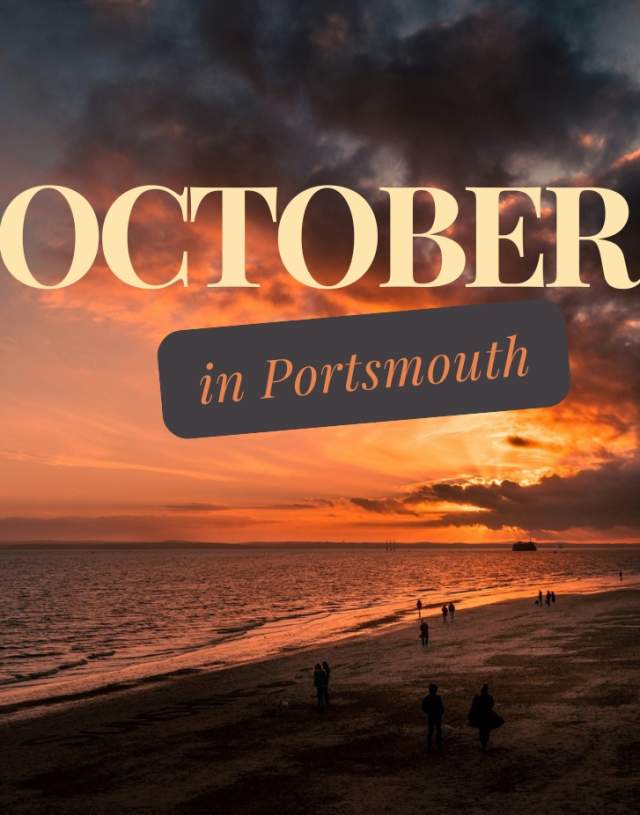 Photograph of a sunset over Southsea beach, overlaid with the words: October in Portsmouth