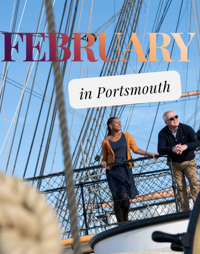 A photograph showing two people standing on HMS Warrior, with the wording: 'February in Portsmouth' overlaid