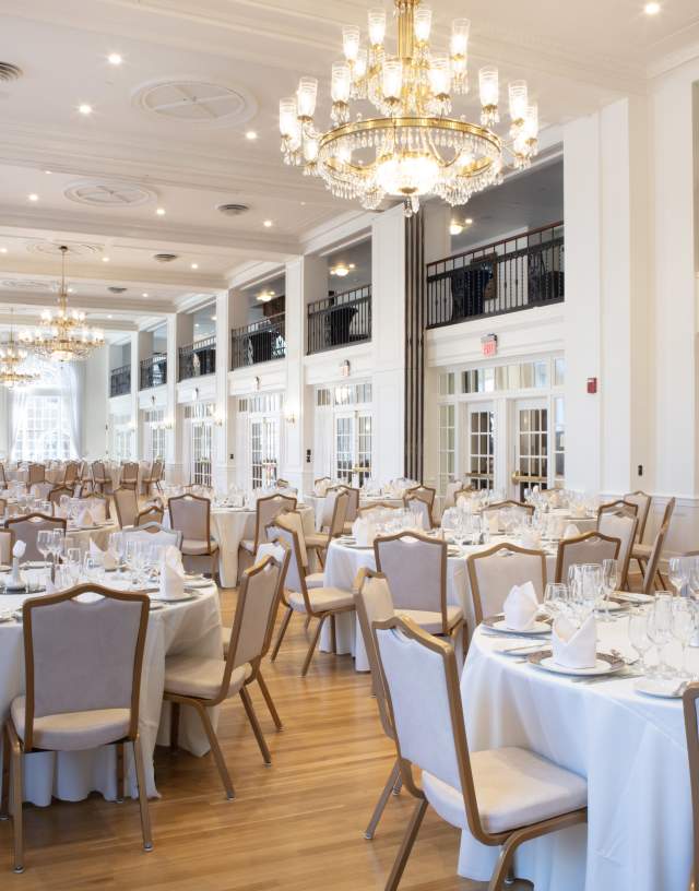 Ballroom with set tables at the Yorktowne Hotel