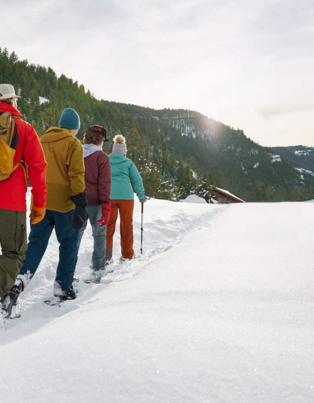 Cross country skiiers trekking along a snowy path with forest covered mountains in the background.