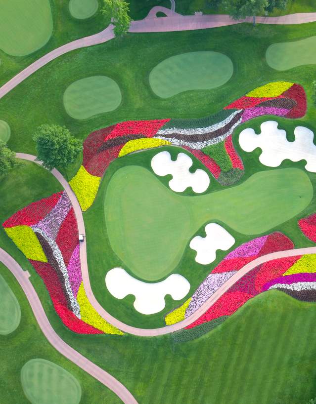 Stunning views from the sky, of the iconic Flower Hole at SentryWorld Golf Course in the Stevens Point Area.