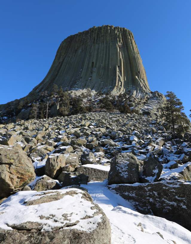 Devils Tower rises above a rocky, snow-covered landscape in northeastern Wyoming. Patches of winter snow cover the boulder field and surrounding pine forest beneath the monument’s distinctive vertical rock columns and a clear blue sky.