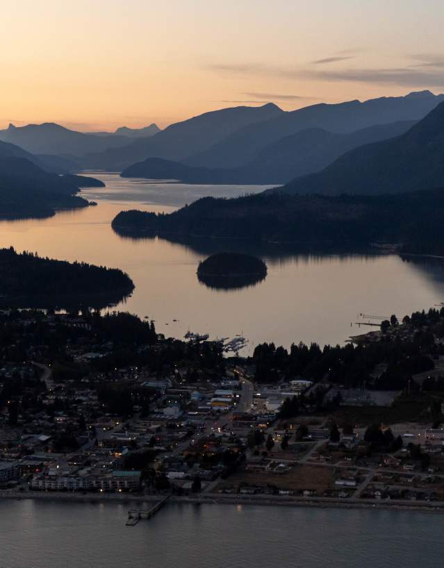 An aerial view of Sechelt at sunset.