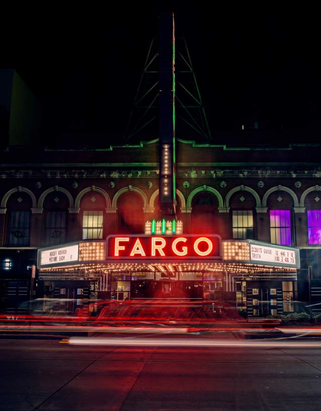 nighttime shot of the Fargo Theatre lit up
