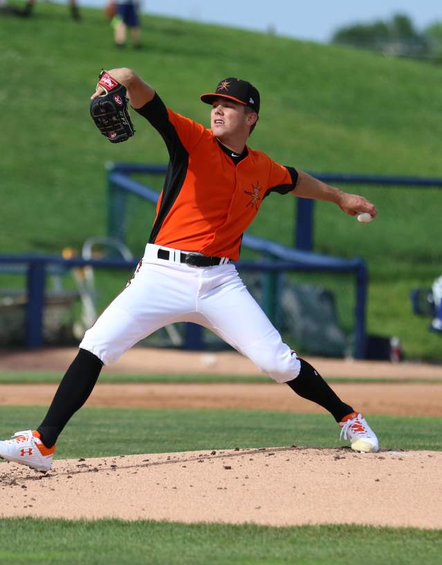 A Frederick Keys pitcher throws to the plate.
