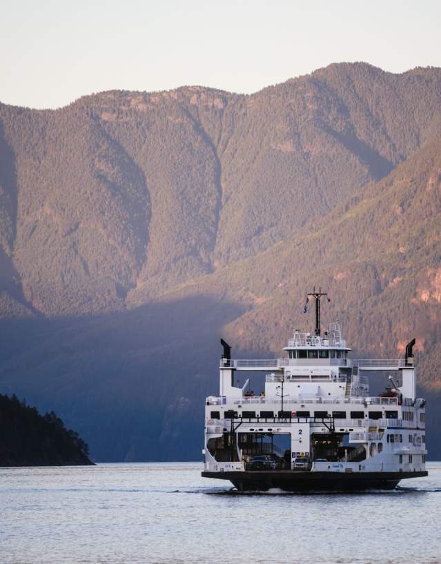 A BC Ferries vessel approaches the ferry terminal.