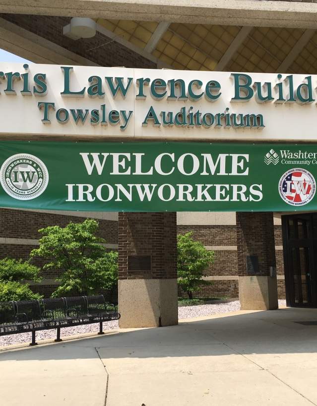 Sign at Morris Lawrence Building welcoming ironworkers