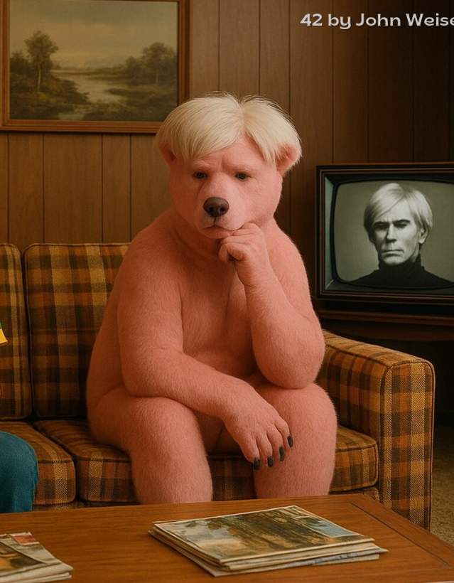 in this AI image, a person sits on a plaid couch looking at the camera. His shirt has "42" on it. Next to him is a pink bear with blonde hair. In the background is a TV displaying a photo of Andy Warhol.