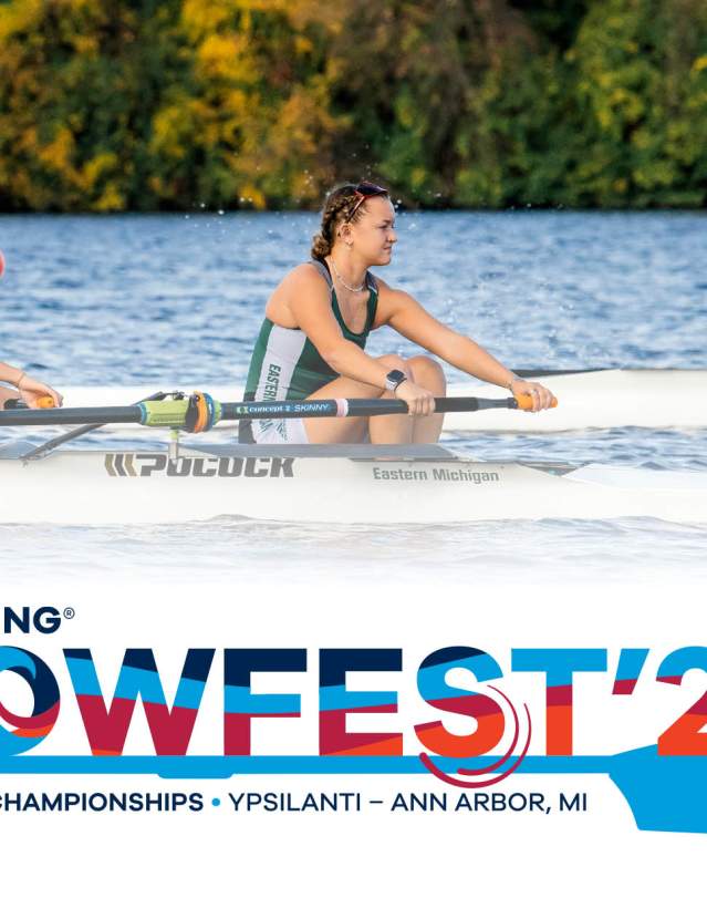 Women's rowing crew boating across water with USRowing RowFest '25 logo below