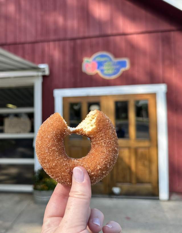 Holding up a donut with a bite taken out of it, next to Dexter Cider Mill
