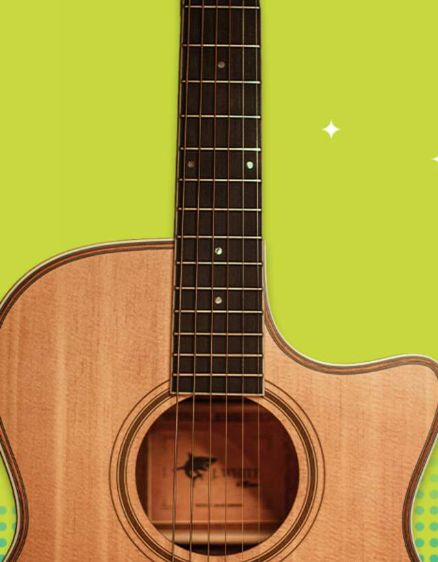 Green background with acoustic guitar, with Zack Bryan Concert Weekend Getaway in colorful letters