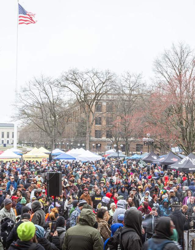 Wide view of crowd on the diag at Ann Arbor Hash Bash 2025
