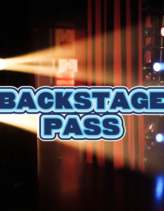 Graphic Words "Backstage Pass" on top of a photo of stage lights shining backstage.