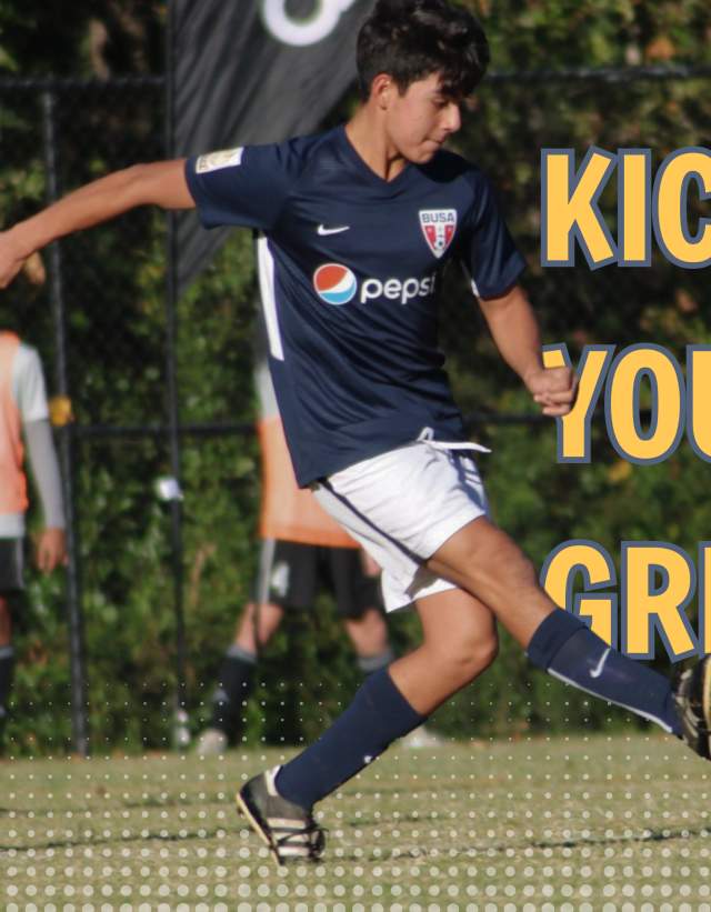 A boy kicks a soccer ball at a match. Text over the image says "Kick off your next great event".