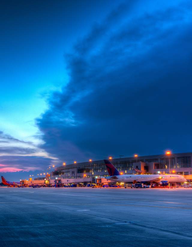 Austin Bergstrom International Airport airside terminal at twilight in Austin Texas
