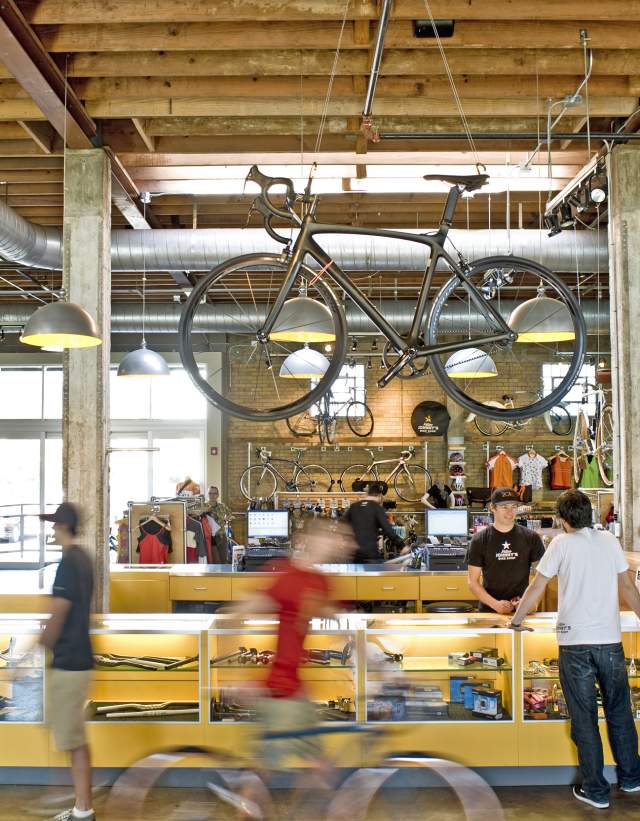 Interior of Mellow Johnnys bike shop in downtown Austin Texas