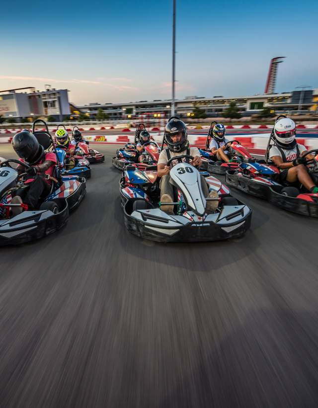 People on go karts at COTA Karting at circuit of the americas in austin texas