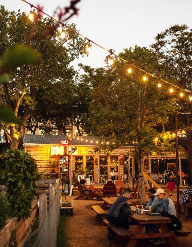 string lights on the patio at Cosmic Coffee and Beer Garden in austin texas