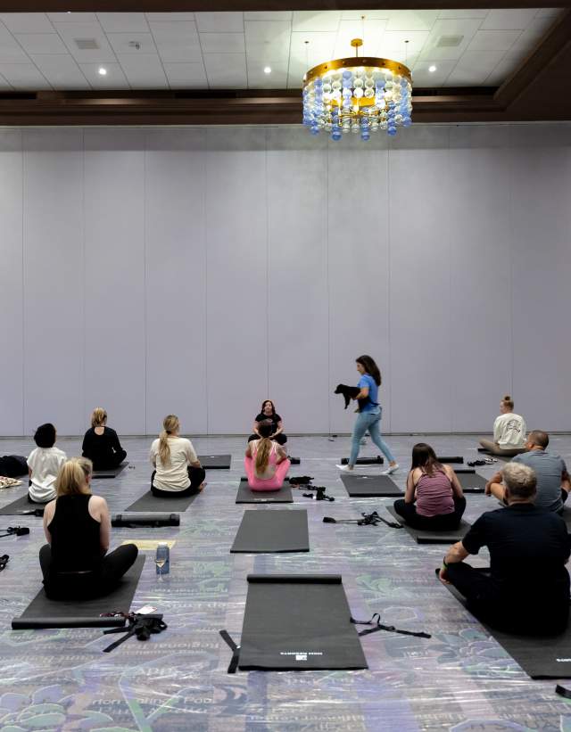 A large hotel meeting space with meeting attendees sitting on yoga mats, getting ready to take a yoga class.