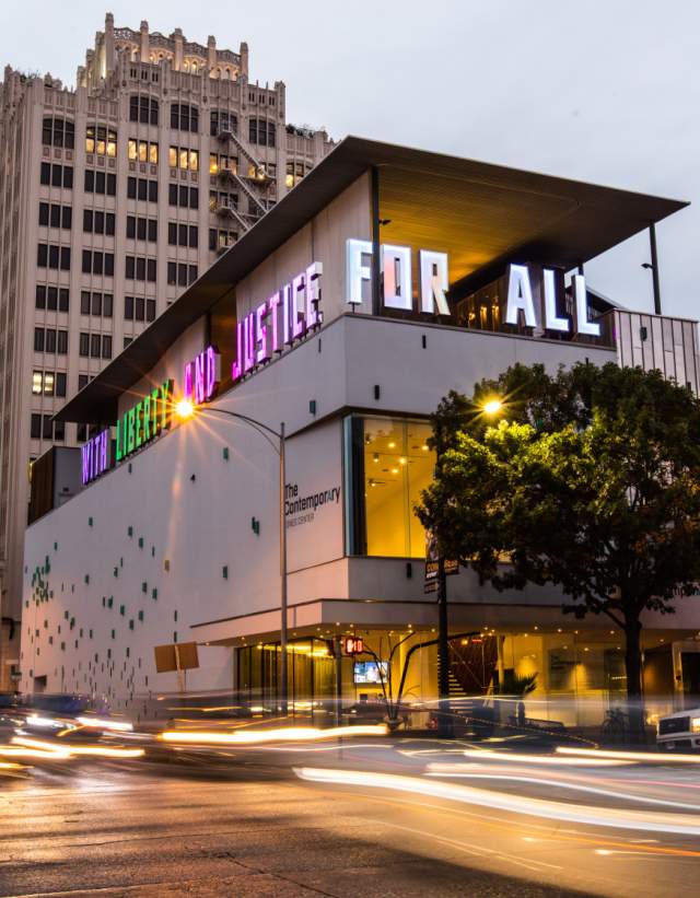 The Contemporary Austin Jones Center With Liberty And Justice For All exterior display