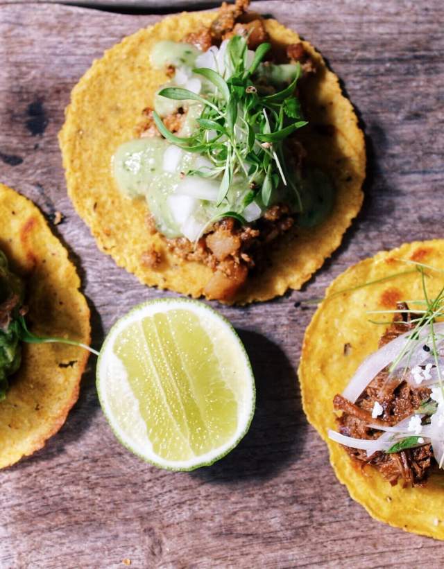 Three open faced tacos from La Condesa in Austin Texas