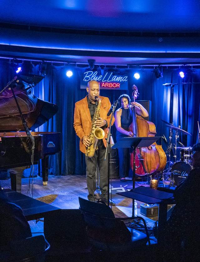 Band on stage, Man playing saxophone, woman on standup bass