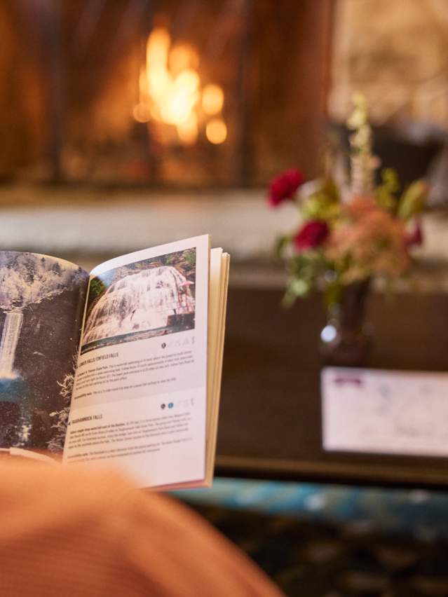 fireplace with person viewing travel guide