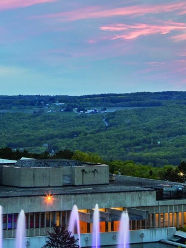 Ithaca College fountains at sunset