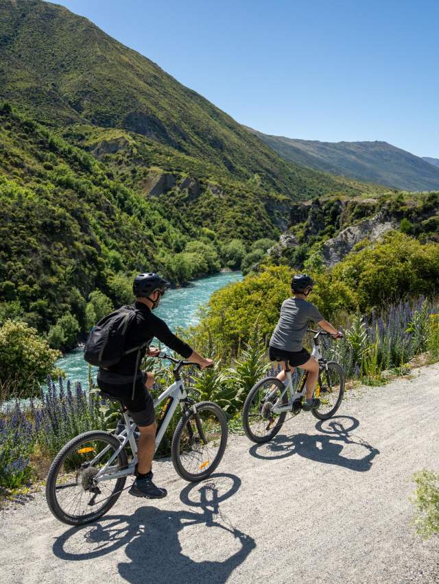 Two people biking along a blue river with wild flowers