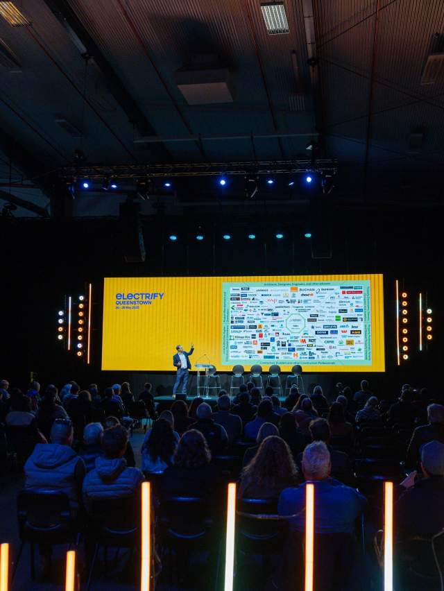 Dark event room with big presentation screen lit up and light displays