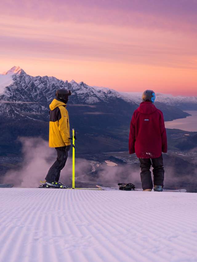 Skiing at sunrise at Coronet Peak