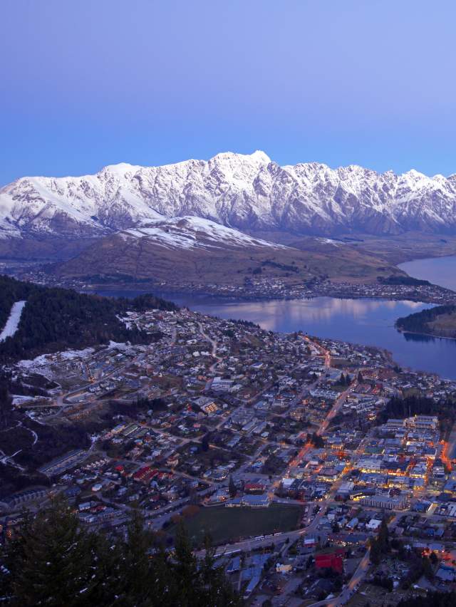 Aerial view of Queenstown looking at the town, lake and The Remarkables