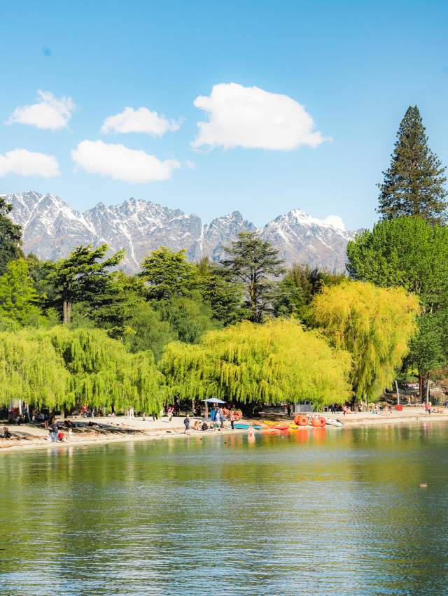 Wide shot of Queenstown bay with green willow trees lining the lake and snow capped mountains in the background