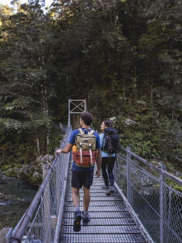 People crossing bridge into native bush at the start of the Routeburn Track