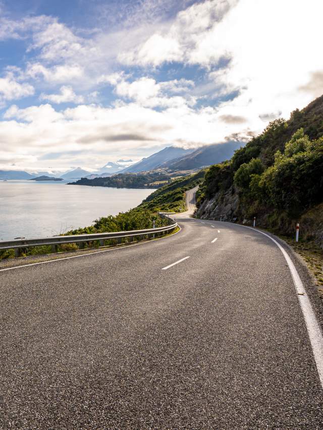 Iconic Queenstown Glenorchy Road with lake and mountain views