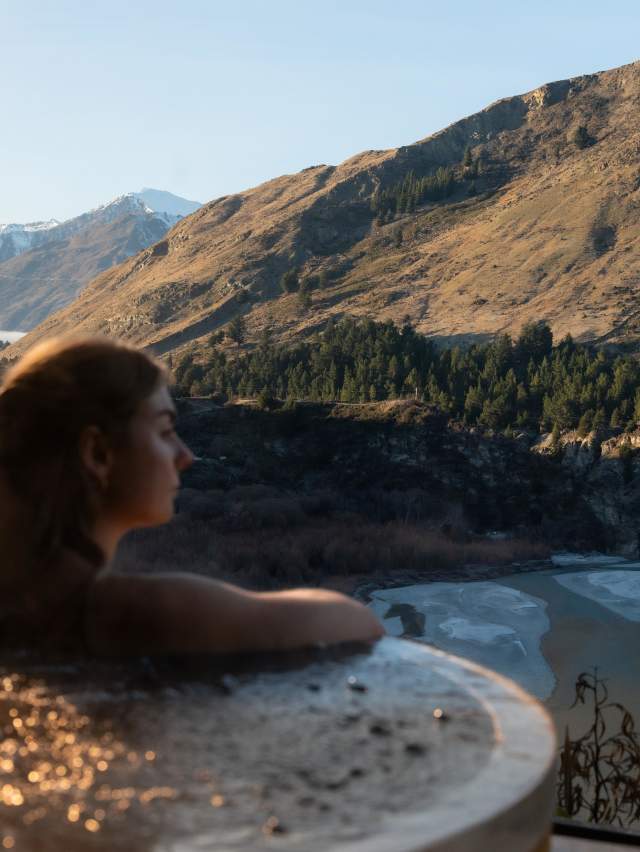 Taking in the views from Onsen Hot Pools on a bluebird autumn day