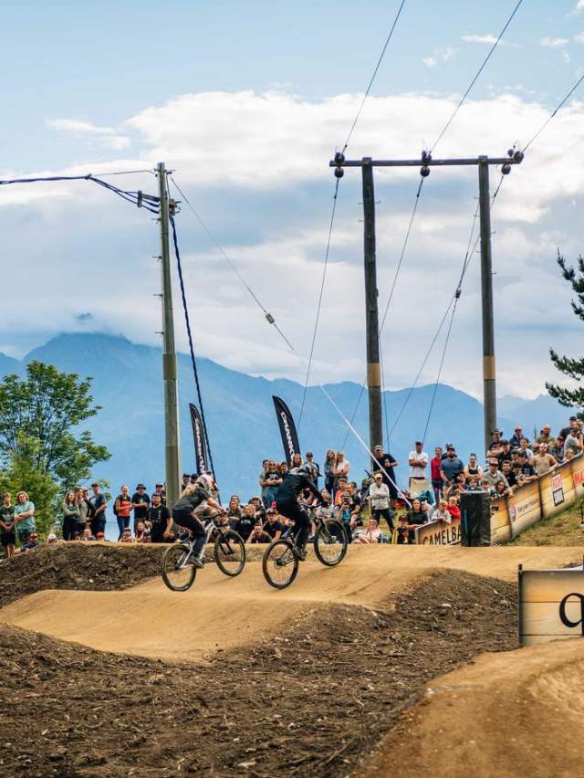 Two mountain bikers racing on the Kerry Drive Pump Track