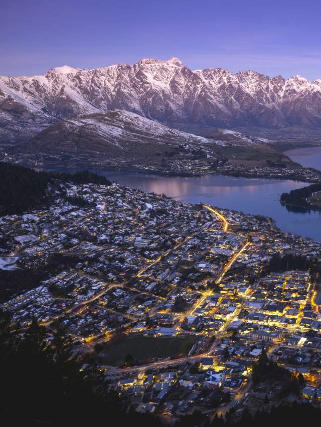 Aerial shot of Queenstown in winter