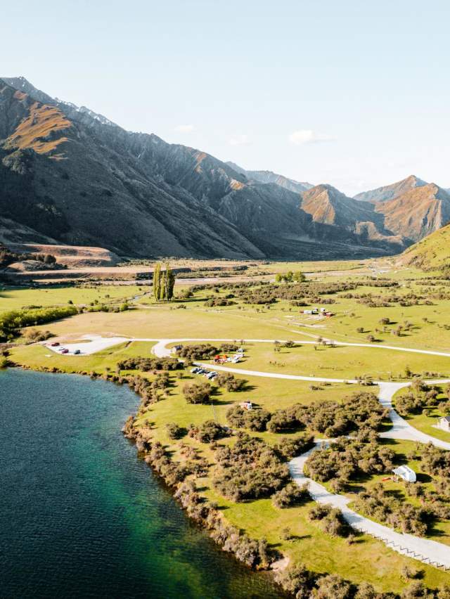 Aerial view over Moke Lake campground near Queenstown