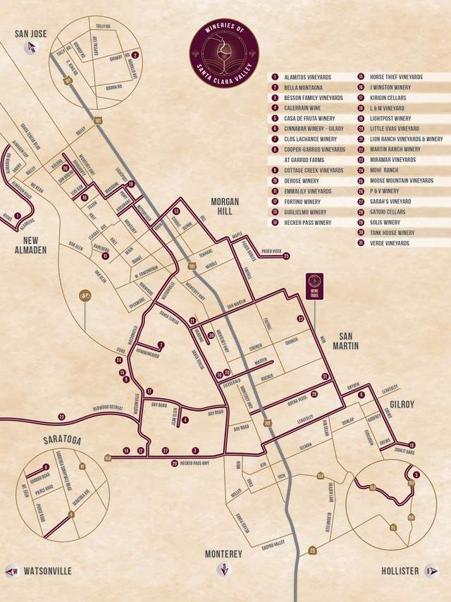 Map of the Wineries of Santa Clara Valley Wine Trail, showing 31 unique wineries that are part of the Association.